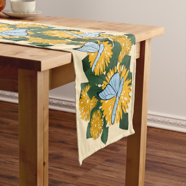 Modern Stylised Dandelion Butterflies Yellow Medium Table Runner (In Situ)