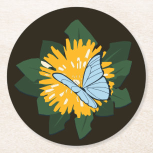 Modern Stylised Dandelion Butterflies Yellow Round Paper Coaster