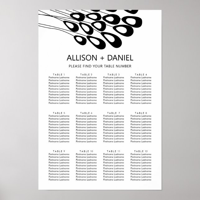 Modern Stylised Peocock Wedding Seating Chart Sign (Front)
