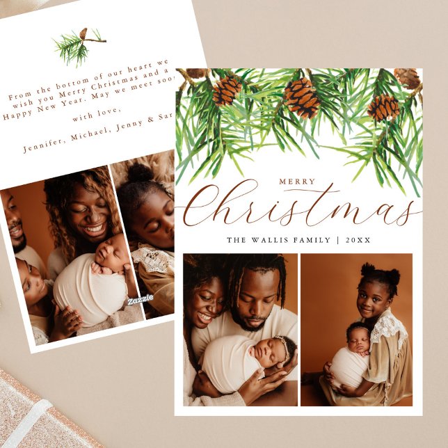 Modern & Stylish 4 Photo Collage Christmas Pines Holiday Card (Creator Uploaded)