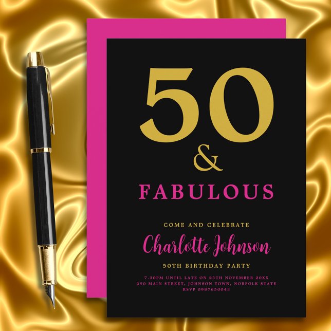 Modern Stylish 50th Birthday Party Pink Black Gold Invitation (Stylish modern 50 and fabulous pink black and gold 50th birthday invitation)