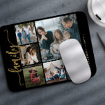 Modern stylish 6 photo collage family calligraphy mouse pad<br><div class="desc">Elegant modern family handwritten calligraphy script with six custom photos black gold keepsake photo mouse pad template.              Please note that the background colour is changeable. You can replace the black with any other colour after selecting CUSTOMIZE option.</div>