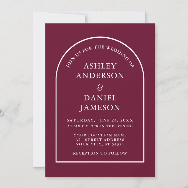 Modern Stylish Arch Burgundy Wedding Invitation (Front)