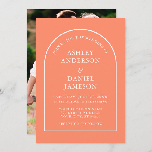 Modern Stylish Arch Coral Photo Wedding Invitation (Front/Back)