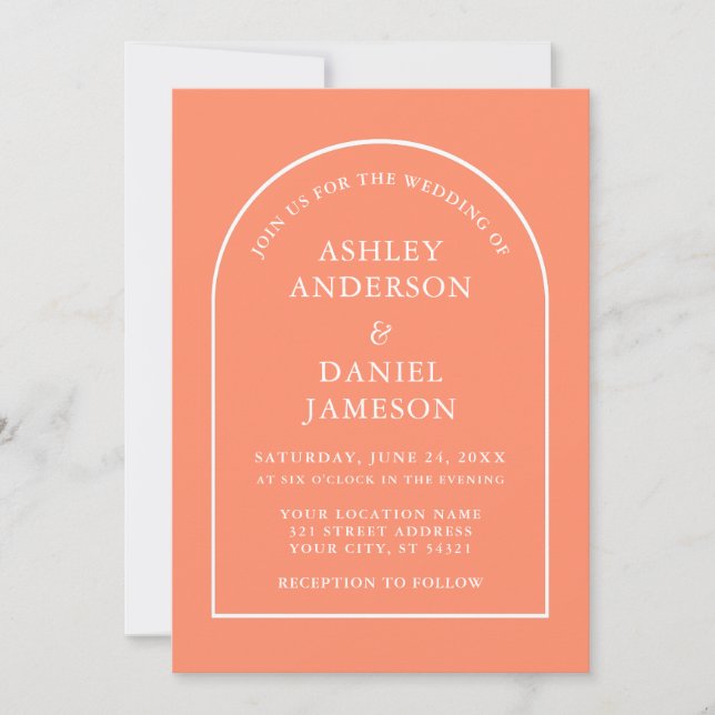 Modern Stylish Arch Coral Wedding Invitation (Front)