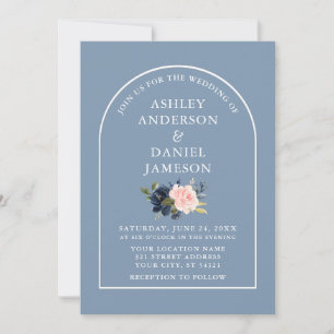 Modern Stylish Arch Dusty Blue Pink Floral Wedding Invitation