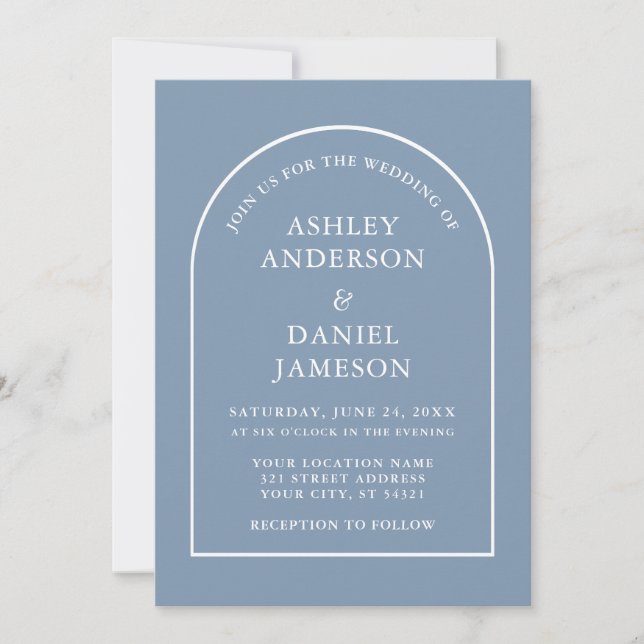 Modern Stylish Arch Dusty Blue Wedding Invitation (Front)