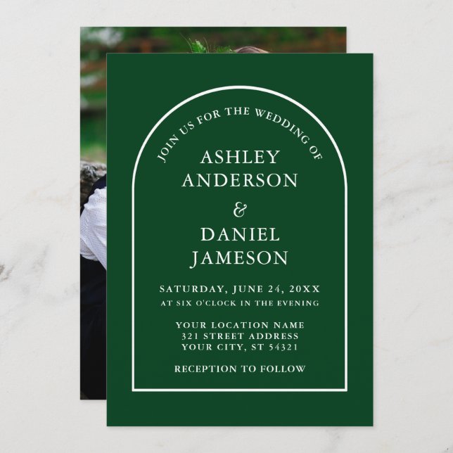 Modern Stylish Arch Green Photo Wedding Invitation (Front/Back)