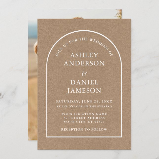 Modern Stylish Arch Kraft Photo Wedding Invitation (Front/Back)