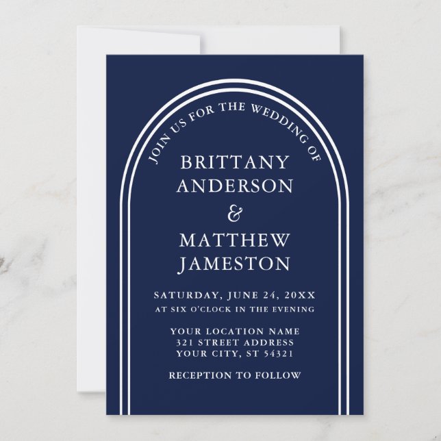 Modern Stylish Arch Wedding Blue Invitation (Front)