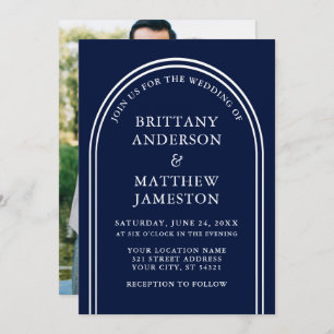 Modern Stylish Arch Wedding Blue Photo Invitation