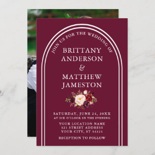 Modern Stylish Arch Wedding Burgundy Floral Photo Invitation