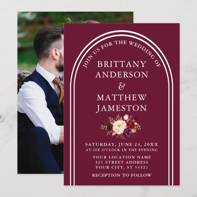 Modern Stylish Arch Wedding Burgundy Floral Photo Invitation (Front/Back)
