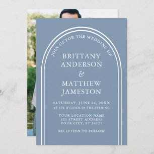 Modern Stylish Arch Wedding Dusty Blue Photo Invitation