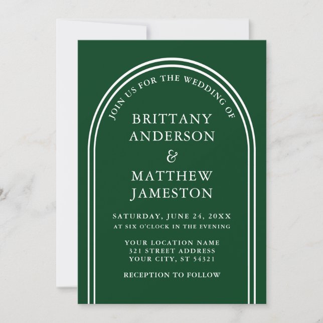 Modern Stylish Arch Wedding Green Invitation (Front)