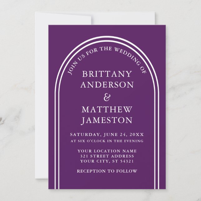 Modern Stylish Arch Wedding Purple Invitation (Front)