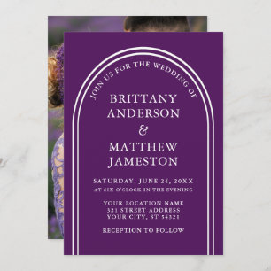 Modern Stylish Arch Wedding Purple Photo Invitation