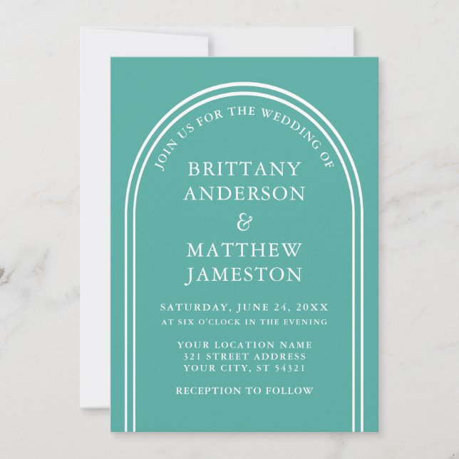 Modern Stylish Arch Wedding Teal Invitation (Front)