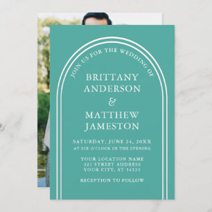 Modern Stylish Arch Wedding Teal Photo Invitation