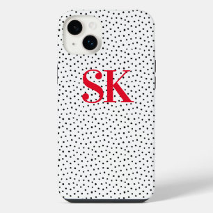 Modern Stylish Big Red Initials Black Confetti iPhone 14 Plus Case