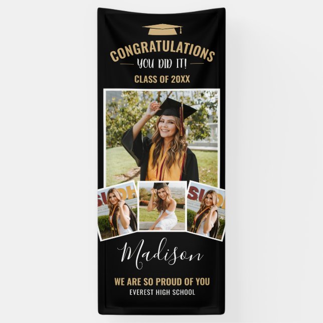 Modern Stylish Black 4 Photo Collage Graduation Banner (Vertical)