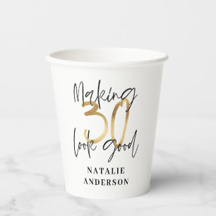 modern stylish black and gold 30th birthday party paper cups
