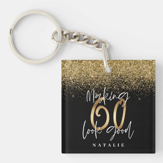Modern stylish black and gold glitter 60 birthday key ring (Front)