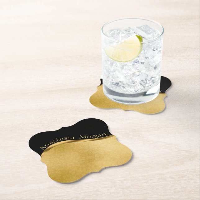 Modern Stylish, Black and Gold Paper Coaster (Insitu)