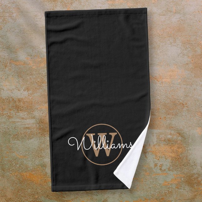 Modern Stylish Black Gold Monogram Script Name  Hand Towel (Modern Stylish Black Gold Monogram Script Name Hand Towel)