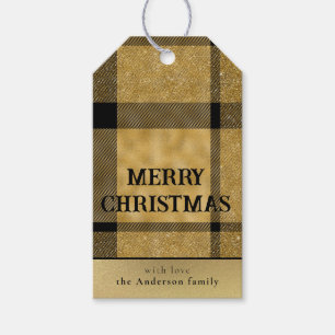 Modern Stylish Black Gold Plaid Merry Christmas Gift Tags