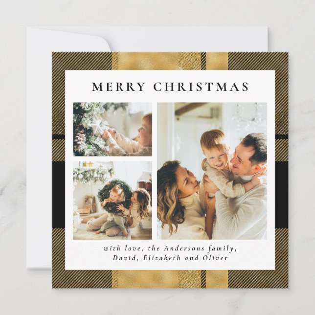 Modern Stylish Black Gold Plaid | Photo Christmas Holiday Card (Front)