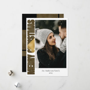 Modern Stylish Black & Gold Plaid Photo Christmas Holiday Card