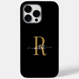 Modern Stylish Black Gold Script Monogram Initial iPhone 14 Pro Max Case