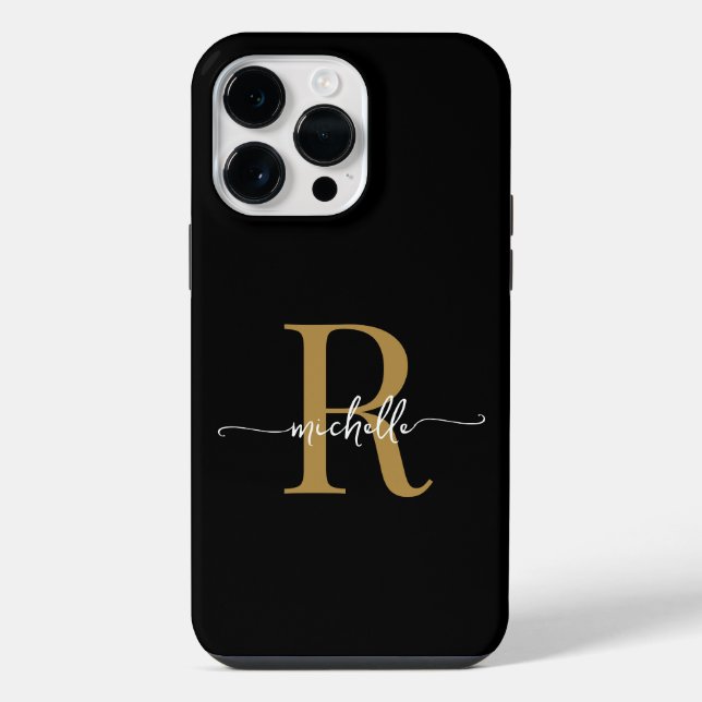 Modern Stylish Black Gold  Script Monogram Initial iPhone Case (Back)