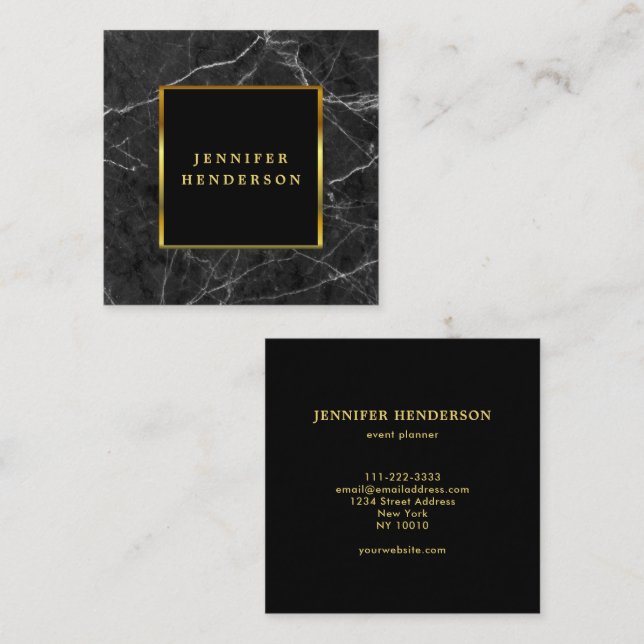 Modern stylish black marble and gold professional square business card (Front/Back)