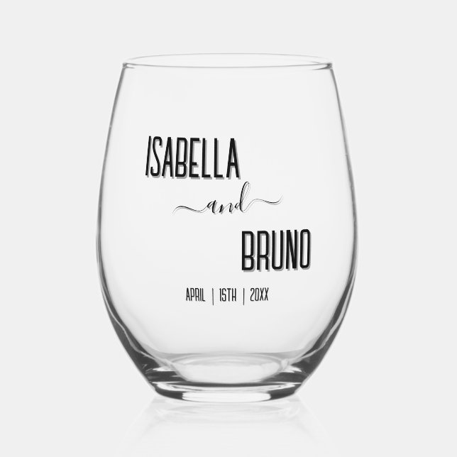 Modern, Stylish Black Personalised Text Wedding Stemless Wine Glass (Front)