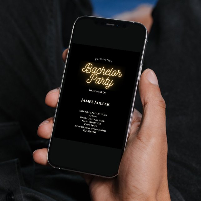 Modern Stylish Black White Gold Bachelor Party Invitation (modern stylish bachelor party invitation black white gold neon sign script)