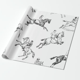 Modern Stylish Black White Horseback Riding Toile Wrapping Paper