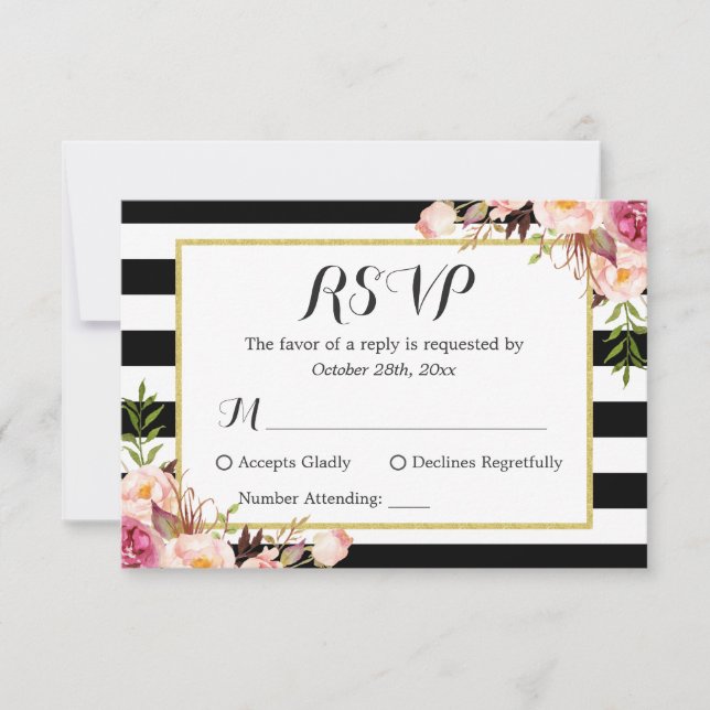 Modern Stylish Black White Stripes Floral RSVP Card (Front)