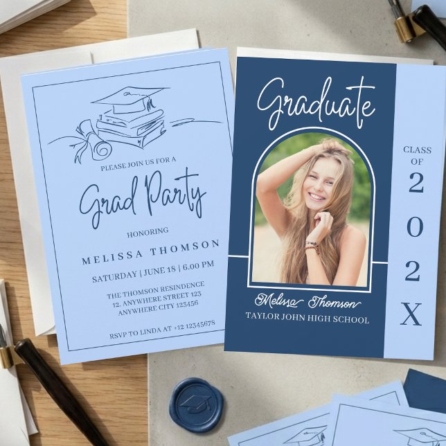 Modern Stylish Blue Arch Photo Graduation Party  Invitation (Creator Uploaded)