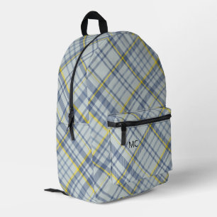 Modern Stylish Blue Check Plaid Monogram Initials Printed Backpack