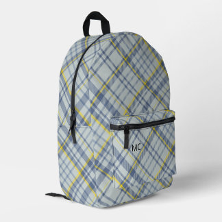 Modern Stylish Blue Check Plaid Monogram Initials Printed Backpack