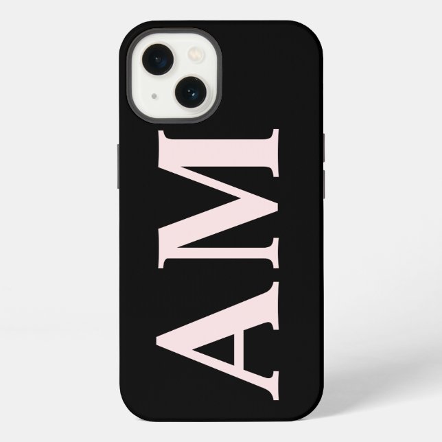 Modern Stylish Blush Pink Black Monogram Initials iPhone Case (Back)