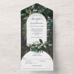 Modern stylish Boho Arch with Watercolor Greenery All In One Invitation