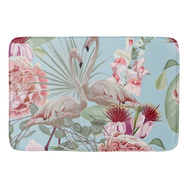 Modern stylish botanical Flamingo garden blue pink Bath Mat (Front)