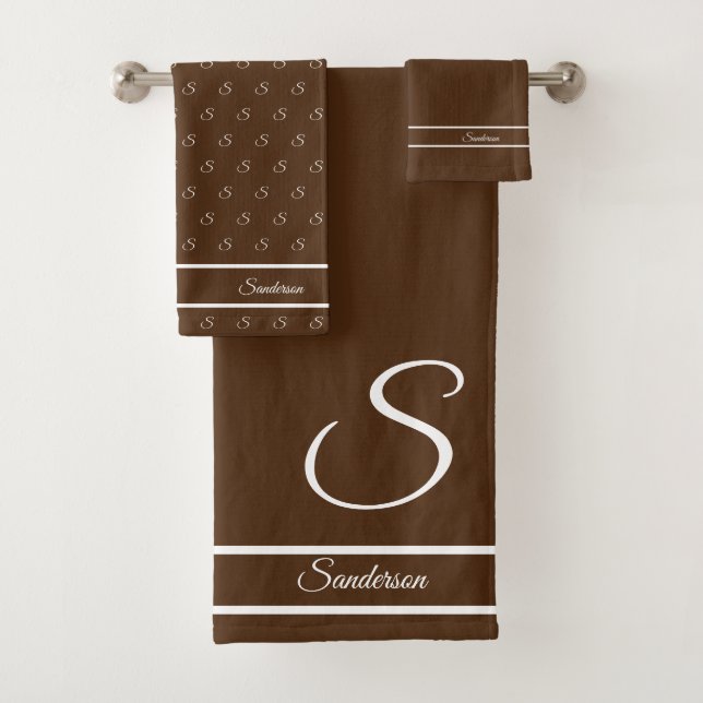  Modern Stylish Brown n White Monogram Bath Towel Set (Insitu)