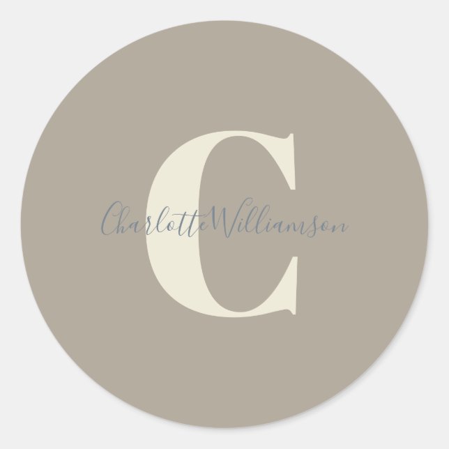 Modern Stylish Calligraphy Monogrammed Name Taupe Classic Round Sticker (Front)