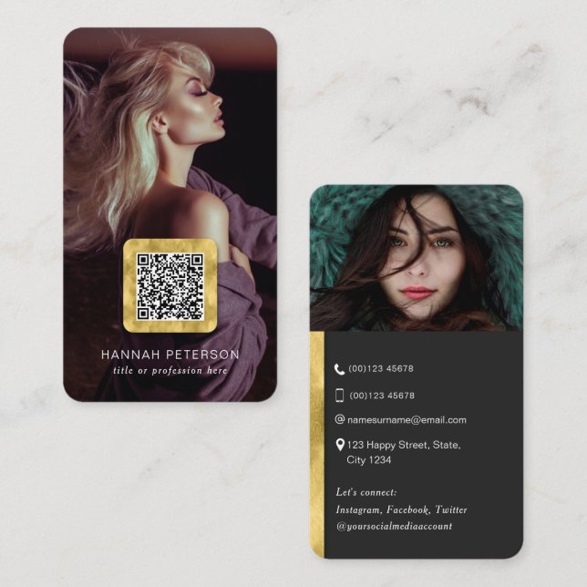 Modern stylish chic photos networking QR code Business Card (Front/Back)