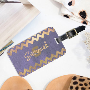 Modern Stylish Chic Purple And Gold Chevron Luggage Tag