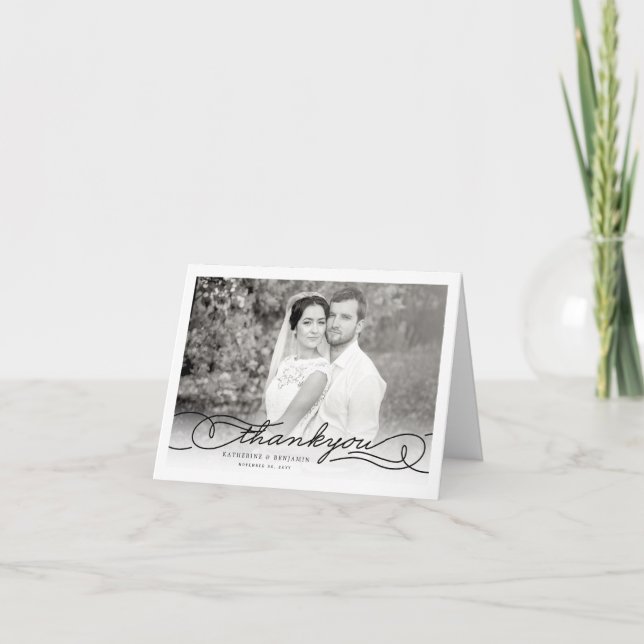 Modern Stylish Chic Script Photo Wedding Thank You Note Card (Front)